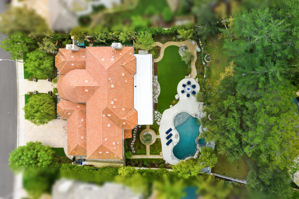 An aerial exterior shot of a luxury home in Calabasas, California.